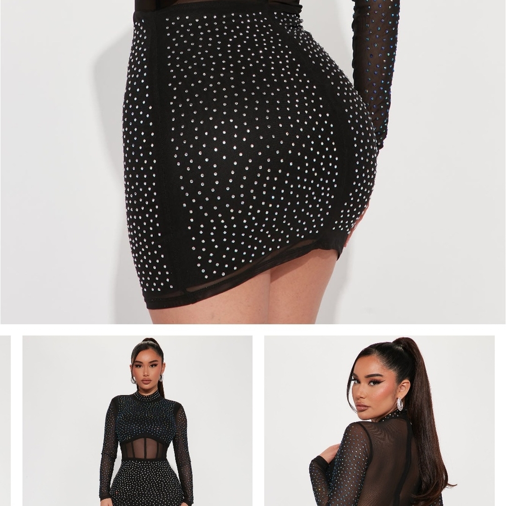 Fashion Nova Black Mesh Dress with Rhinestone Accents